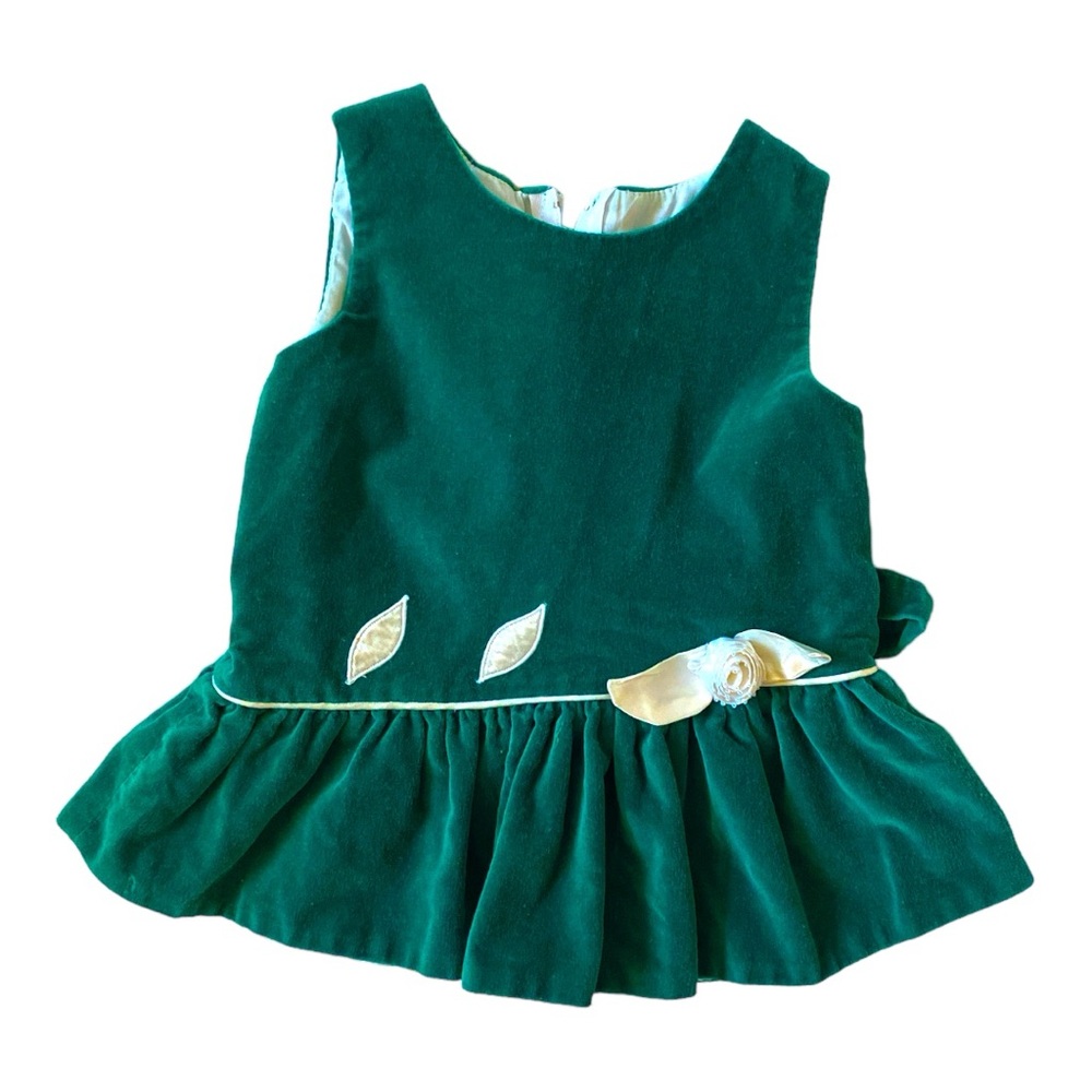 VINTAGE 90s Dress Pinafore Tunic Velvet Velour Green Appliqué Rose Holiday Party